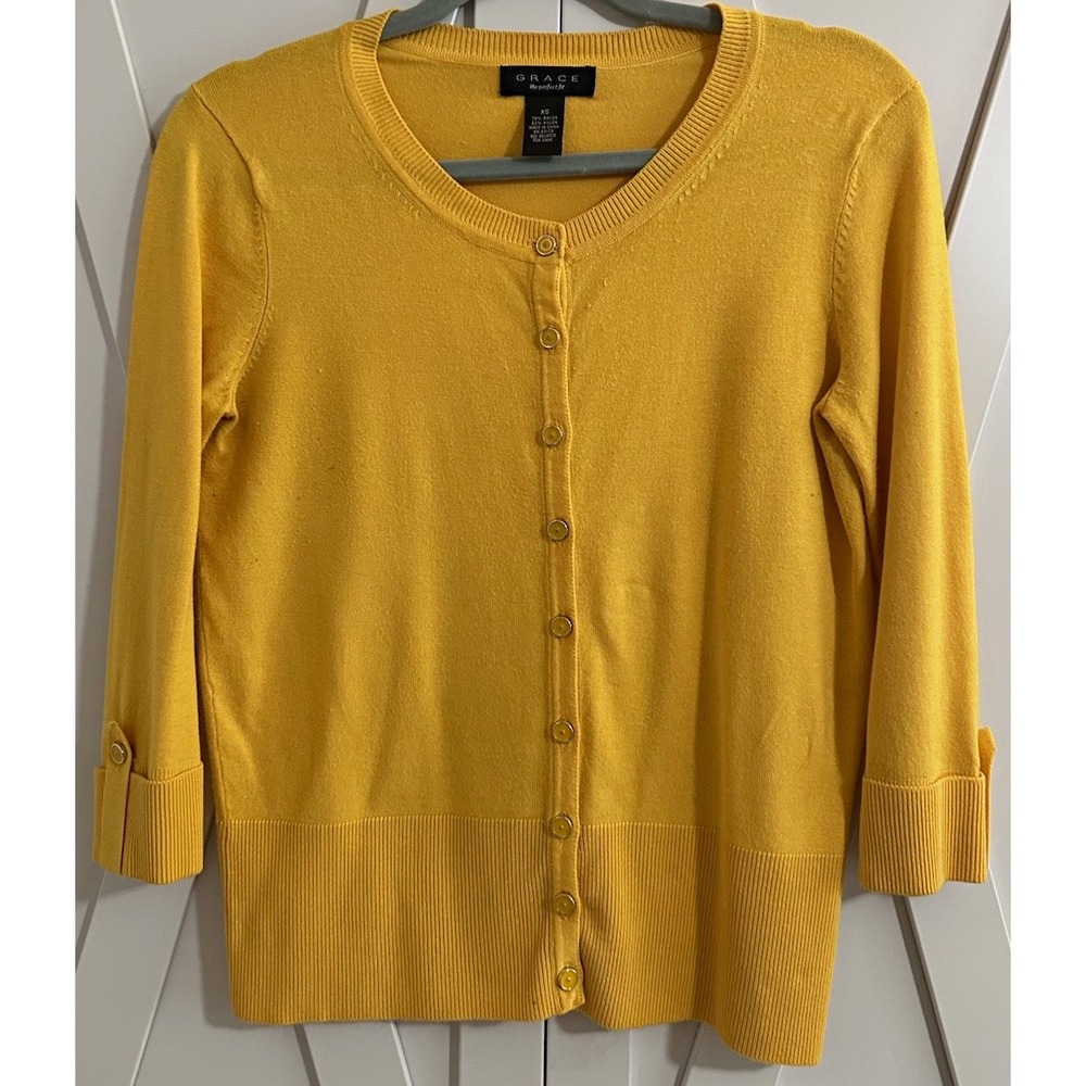 Grace Women's Yellow Knit Button-Front Cardigan Sweater Crew Neck 3/4 XS